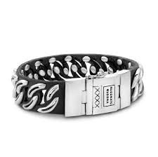 Men's Leather & Sterling Silver Chain Bracelet