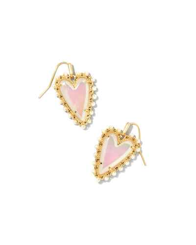 Beaded Ansley Heart Gold Drop Earrings In Iridescent Frosted Glass