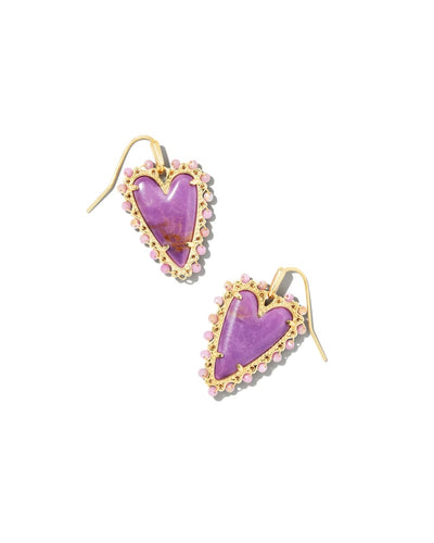 Beaded Ansley Heart Gold Drop Earrings In Lilac Phosphate